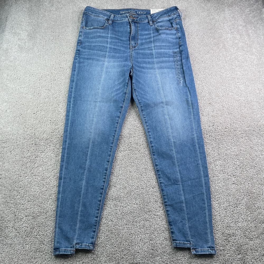 NEW American Eagle Jeans Womens 16 Blue High Rise Jegging Step Hem Stretch Denim